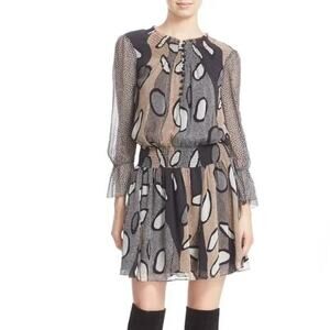 Diane Von Furstenberg DVF NWT Kelley Brown Black Printed 100% Silk Blouson Dress